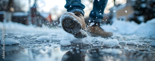 Man slipping on icy sidewalk city hazard . Concept Slippery Sidewalks, Winter Accidents, Urban Hazards, City Safety, Icy Pathways photo
