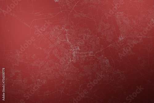 Map of the streets of Donetsk (Ukraine) made with white lines on abstract red background lit by two lights. Top view. 3d render, illustration