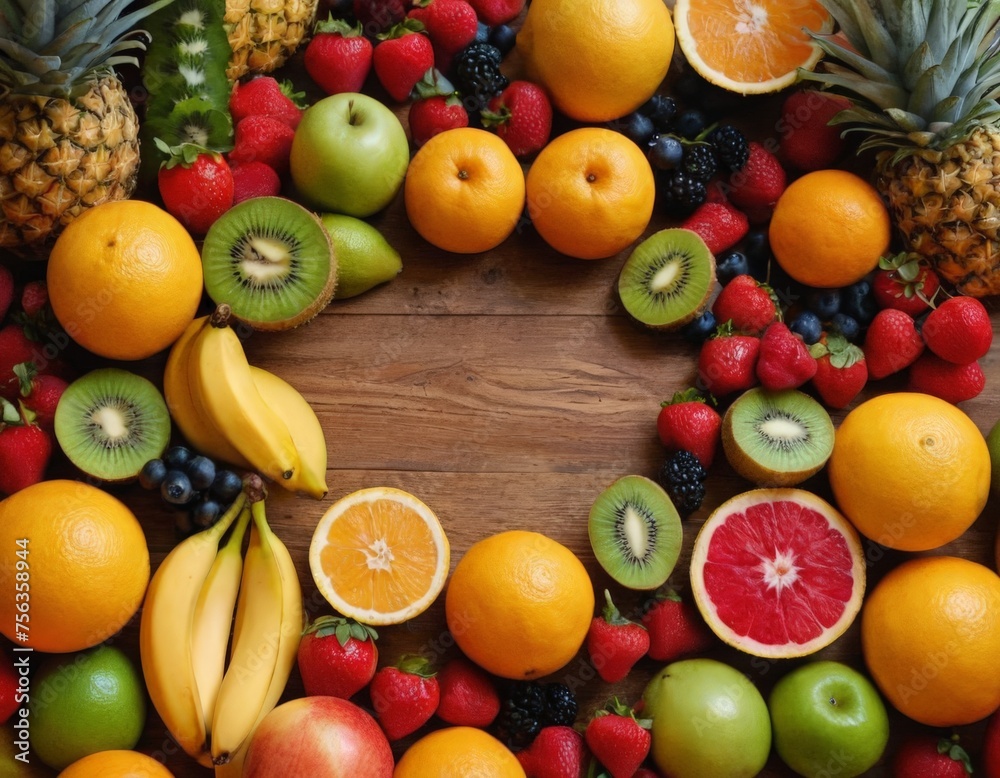 Mix of bright various fruits. view from above