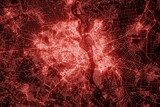 Street map of Kyiv (Ukraine) made with red illumination and glow effect. Top view on roads network. 3d render, illustration