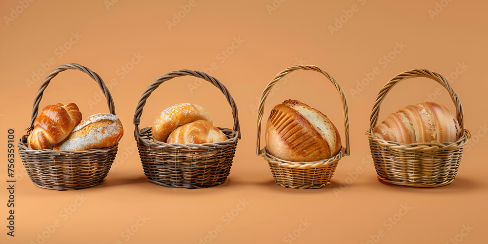 The wicker vase with cake isolated on  A basket of freshly baked rolls Web banner with copy space Wicker basket with white wild mushrooms, on a yellow background. A basket of edible mushrooms.