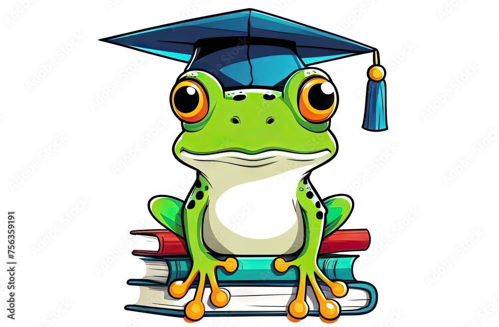 Flat illustration, cute frog wearing  graduation cap while surrounded by books.Graduation and study concept for banner, poster,t- shirt, sticker, Backpacks and Bags, Notebook Covers design.