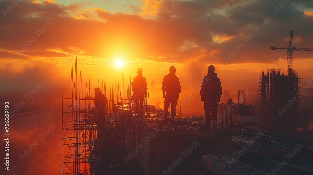 Fototapeta premium Teamwork in the field: A group of workers working together on a construction site, coordinating their effort