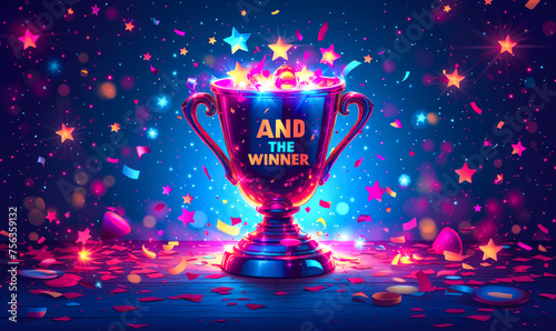 A shining trophy cup overflows with colorful beams and stars, highlighting the text AND THE WINNER IS, signifying celebration and announcement of a victor