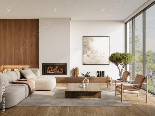 Fototapeta Naklejka Na Ścianę i Meble -  Minimalist living room interior with modern fireplace and white walls. Interior mockup, 3d render