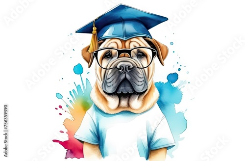 With graduated cap and books, lovable shar pei dog is depicted in watercolor-style illustration.Graduation and study concept for banner, poster,t- shirt,Backpacks and Bags,Notebook Covers design. photo