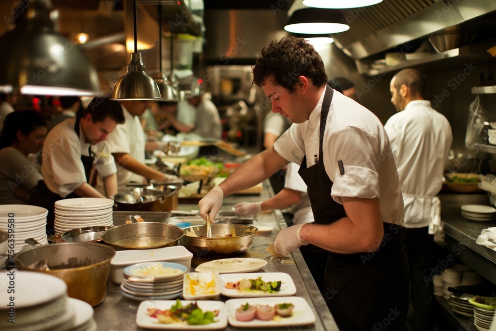 Teamwork in the kitchen. A group of chefs working together in a busy restaurant, preparing meals on kitchen Teamwork in the kitchen. A group of chefs working together in a busy restaurant, preparing meals on kitchen