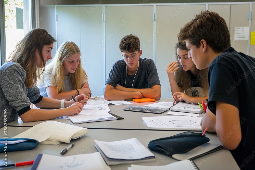 Teamwork in the classroom. A group of Teenage students working together on a project, discussing ideas Teamwork in the classroom. A group of Teenage students working together on a project, discussing ideas