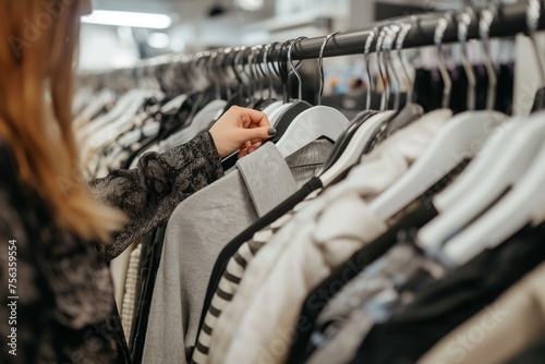 woman makes purchases, goes through a row of identical clothes on hangers in the store
