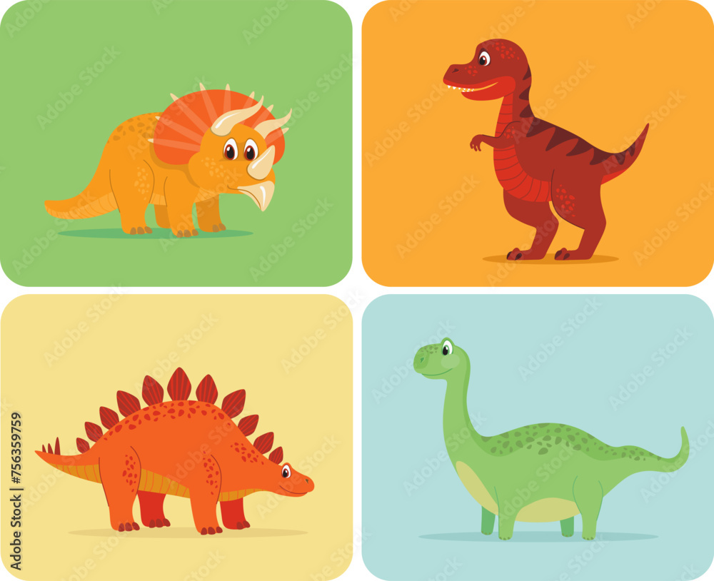 set of cartoon style dinosaurs including T-rex, Brontosaurus, Triceratops, Stegosaurus set of cartoon style dinosaurs including T-rex, Brontosaurus, Triceratops, Stegosaurus
