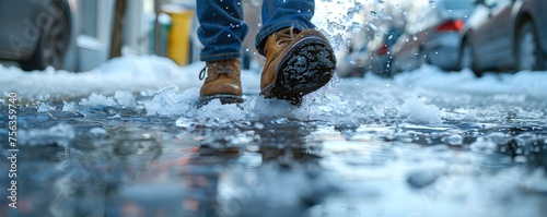 Navigating Winter: Slippery Sidewalks in the City. Concept Winter safety, Urban environment, Snowy sidewalks, Prevention tips photo