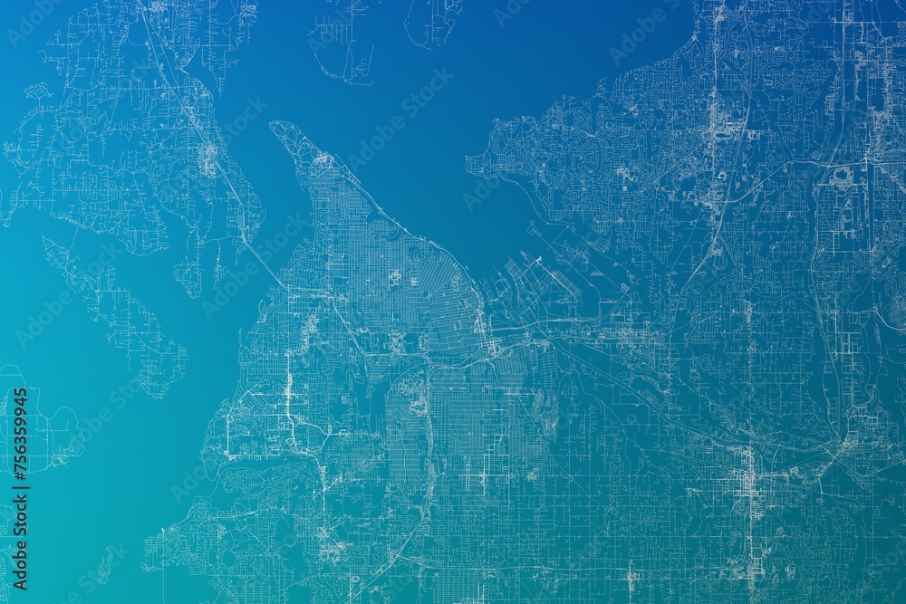Obraz premium Map of the streets of Tacoma (Washington, USA) made with white lines on greenish blue gradient background. 3d render, illustration