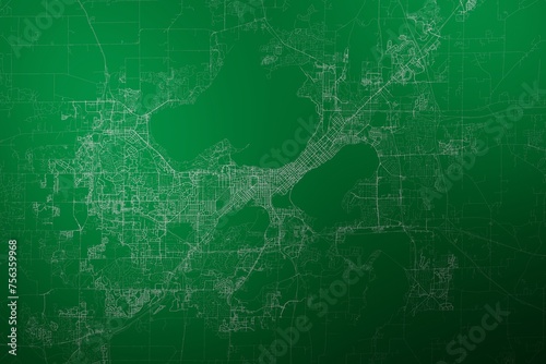 Map of the streets of Madison (Wisconsin, USA) made with white lines on abstract green background lit by two lights. Top view. 3d render, illustration photo