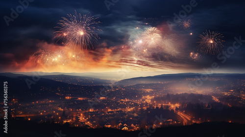 fireworks over the city panoramic view of the sky with fireworks flashes, abstract festive letterhead