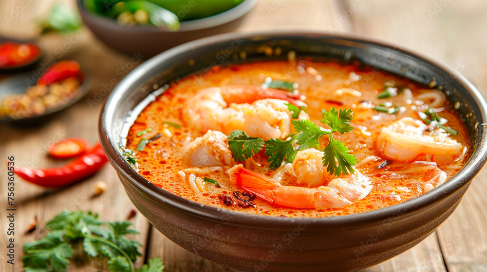 Tom Yam kung Spicy Thai soup with shrimps, seafood, coconut milk and chili pepper in a bowl on wooden rustic background. Close up, side view. Restaurant menu, recipe