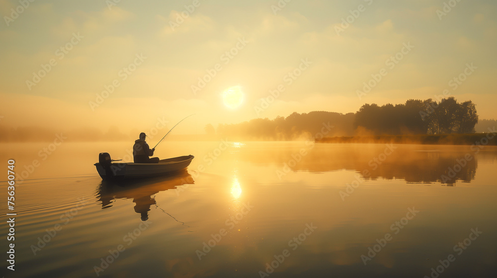 Fishing Boat Man on Lake Silhouette Concept