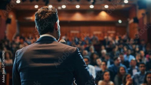 CEO announcing company-wide changes to employees in a town hall meeting, with CEO's confident expression and the engaged audience, representing clear communication and leadership visibility photo