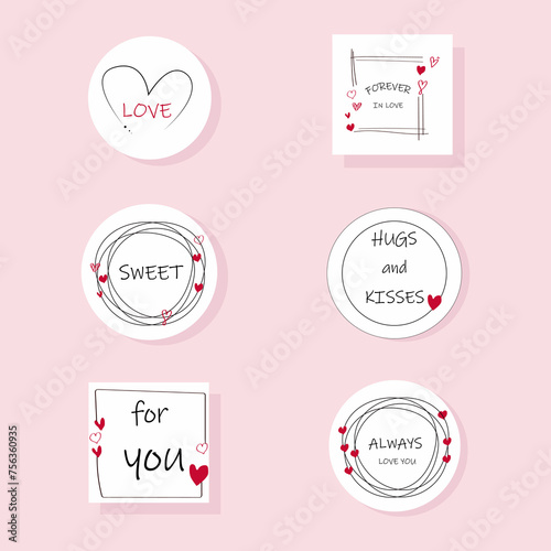 Hearts stickers. love stickers. Light stickers on a pink background. Vector illustration. Pictures can be used as various prints and decorative elements.