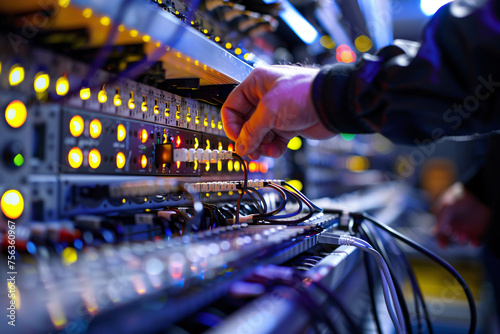 Cloud engineer troubleshooting a network issue, with a close-up on the diagnostic tools and the focused technician, representing problem-solving in cloud infrastructure maintenance photo