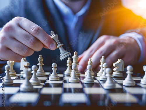 Corporate strategist developing business plans, with a close-up on their hands placing chess pieces on a board, symbolizing strategic thinking and planning