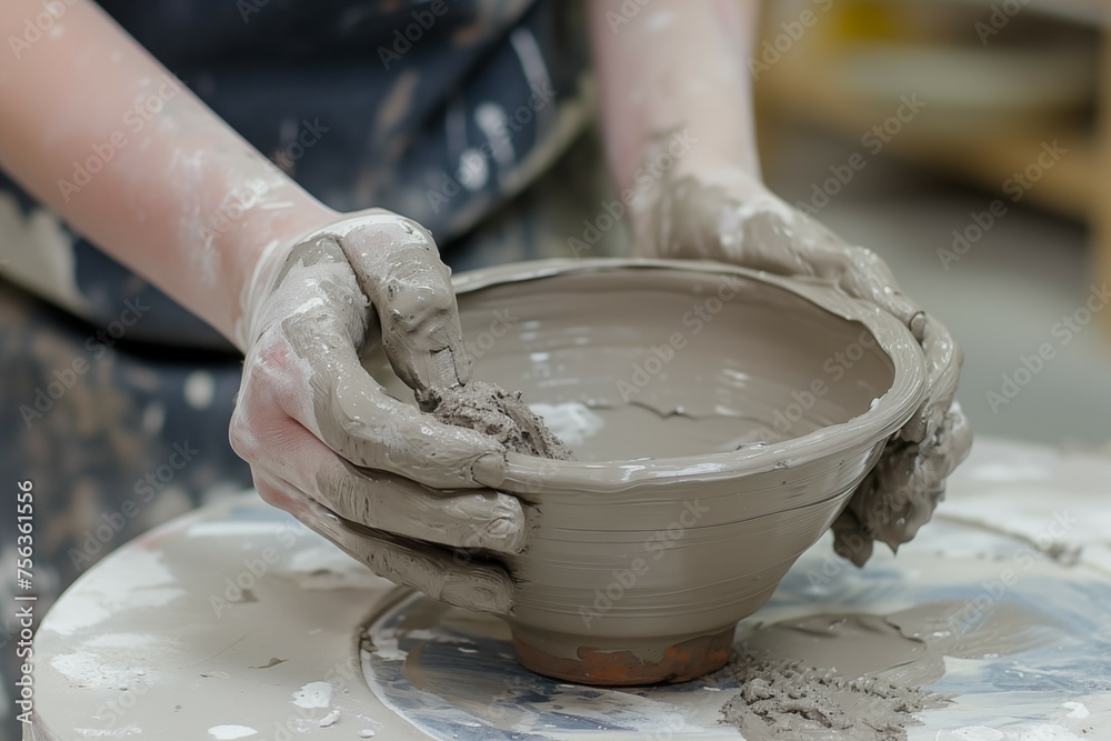 Close up shot of hands making clay vase at the ceramic pottery class. Concept of meditative hobby activities and mental health. Close up shot of hands making clay vase at the ceramic pottery class. Concept of meditative hobby activities and mental health.