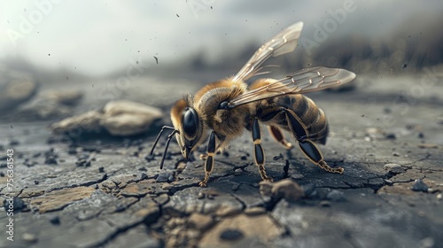 a barren world through a poignant photo depicting a lone bee lying dead on the ground, its legs drawn together, symbolizing the dire consequences of food scarcity and a looming health crisis. © lililia