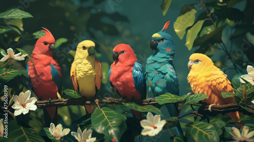 A group of colorful birds are perched on a tree branch