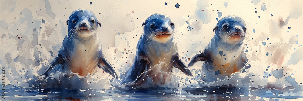 Sea lion watercolor - obrazy, fototapety, plakaty 