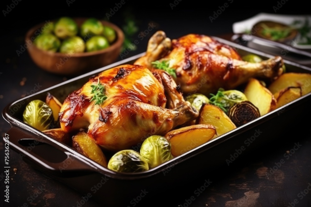 Tasty chicken meat baked with potatoes and Brussels sprouts. Food background. homemade holiday dinner Tasty chicken meat baked with potatoes and Brussels sprouts. Food background. homemade holiday dinner