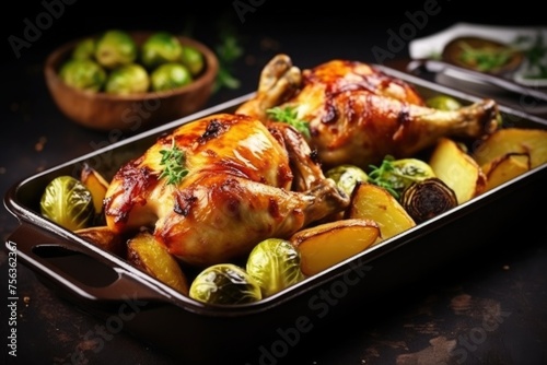 Tasty chicken meat baked with potatoes and Brussels sprouts. Food background. homemade holiday dinner