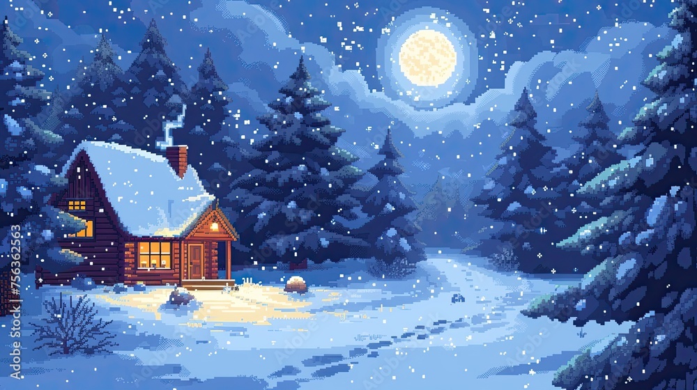 Pixel winter hut. Style, icicles, snow, fireplace, comfort, frost, Christmas trees, fur coat, skis, sleigh, wintering, warmth, candles, blanket, hot tea, snowfall. Generated by AI Pixel winter hut. Style, icicles, snow, fireplace, comfort, frost, Christmas trees, fur coat, skis, sleigh, wintering, warmth, candles, blanket, hot tea, snowfall. Generated by AI