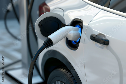 An electric car plugged into a charging station with a focus on the connector and the port