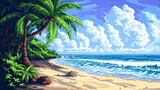 Pixel beach with palm trees. Style, jellyfish, hammock, cruise, vacation, swimming, sand, sea, sun, tan, relaxation, umbrella, swimsuit, heat, summer, water, pebbles, deck chair. Generated by AI