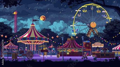 Pixel amusement park. Style, extreme, carousel, roller coaster, Ferris wheel, sugar, slot machines, fountain, popcorn. Generated by AI