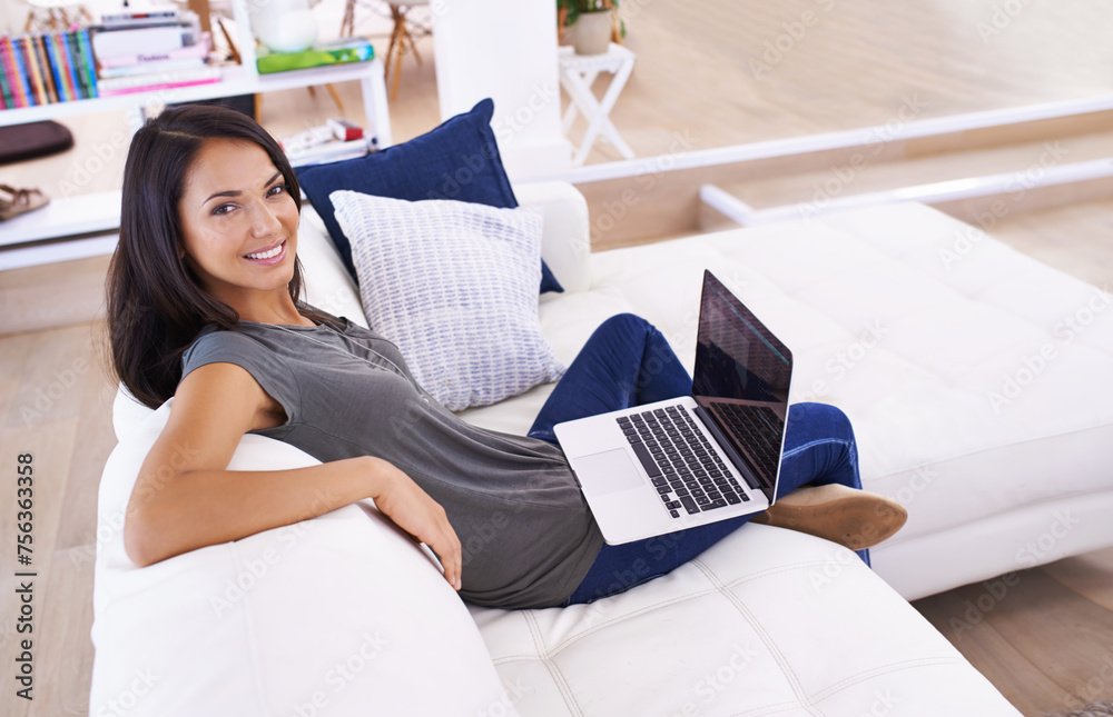 Laptop screen, smile and portrait of woman on a sofa with social media, blog or web communication at home. Pc, mockup or face of female person in a living room with google it, sign up or subscribe Laptop screen, smile and portrait of woman on a sofa with social media, blog or web communication at home. Pc, mockup or face of female person in a living room with google it, sign up or subscribe