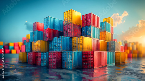 A towering assembly of colorful cargo containers, illustrating the structural might of global trade and logistics