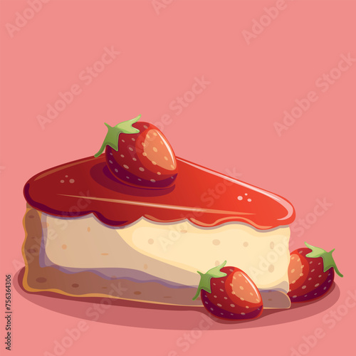 A piece of strawberry cheesecake with fruit filling. Isolated vector illustration.