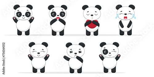 Set of cute pandas with different emotions on a white background