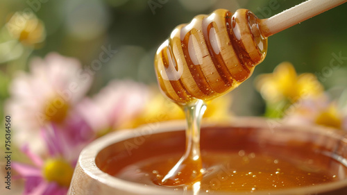 Honey drizzling from a wooden dipper with flowers in the background capturing its pure essence