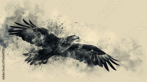 A black eagle is flying through the sky with a white background © jr-art