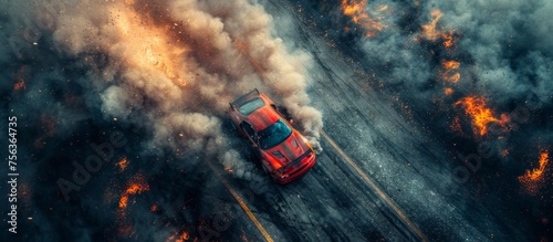 A dynamic aerial shot of a red car speeding away from an explosive scene with intense flames and smoke. Car drifting on asphalt race track