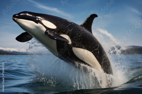 A killer whale leaps out of the fluid, towards the sky © Nadzeya