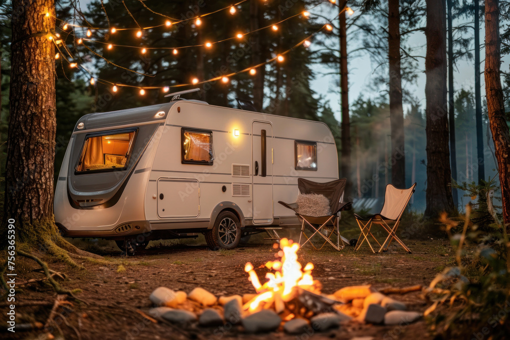 A serene scene of a caravan surrounded by forest, complete with a campfire and ambient lighting, evoking a peaceful retreat
