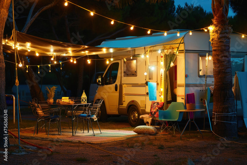 A stylish camping setup with a modern camper van enhanced by vibrant lights and trendy outdoor décor offers a unique outdoor experience