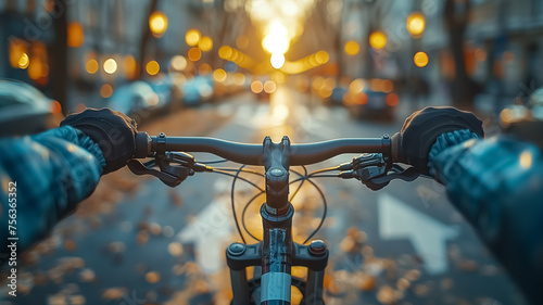 Close-up of bicycle riding in modern city, driving through busy streets, eco friendly and alternative transportation, bike ride in golden hour