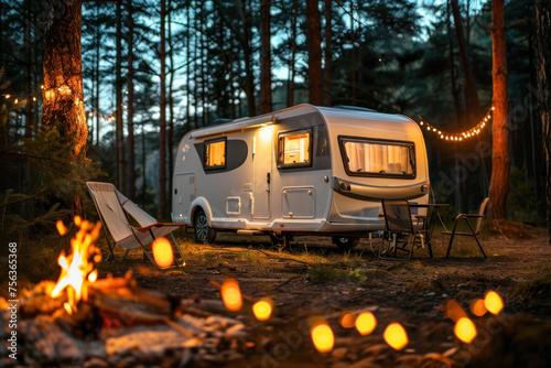 A warm and inviting caravan site nestled in the woods, with a campfire burning and lights strung up, creating a cozy atmosphere