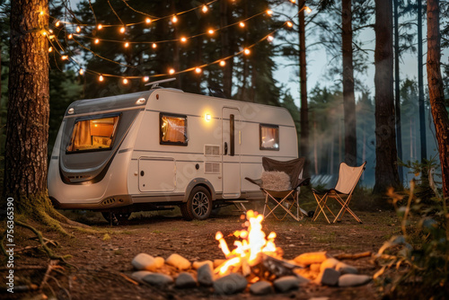 A serene scene of a caravan surrounded by forest, complete with a campfire and ambient lighting, evoking a peaceful retreat