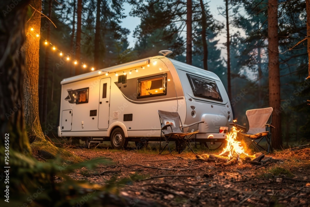 Warmly lit caravan parked in a forest setting with a campfire and chairs, offering a sense of adventure and coziness in nature Warmly lit caravan parked in a forest setting with a campfire and chairs, offering a sense of adventure and coziness in nature