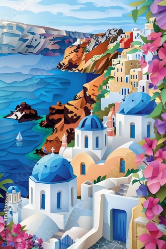 Poster of craft a paper-cut image capturing the enchanting beauty of Santorini, Greece. © Cheetose