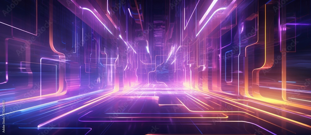 Abstract interior with glowing neon tubes in yellow and violet colors. Abstract interior with glowing neon tubes in yellow and violet colors.